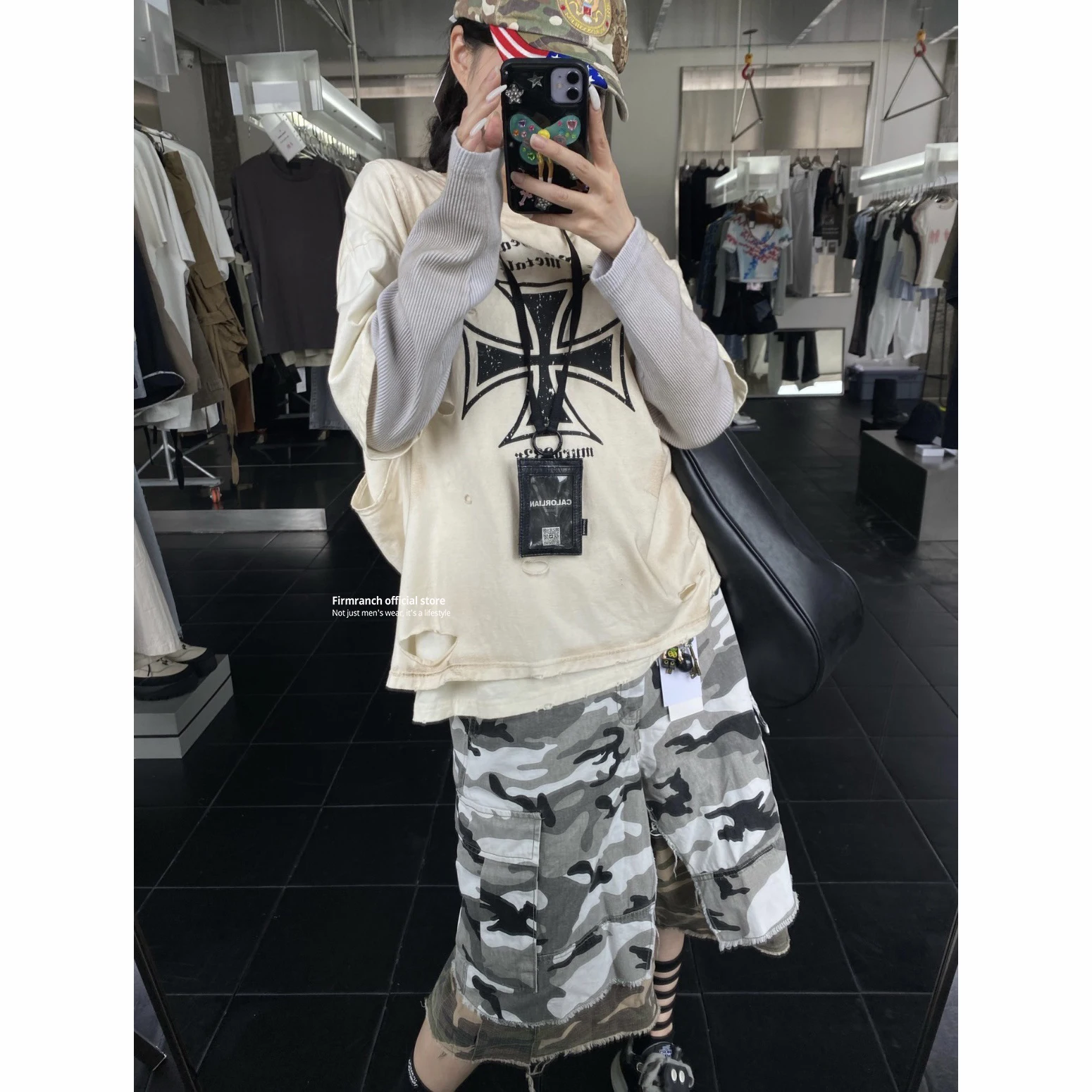Firmranch 2025 Cross Totem Printed Make Old Worn Double-layer Long-sleeved Sweatshirt Tees Fake Two Piece T-shirt For Men Women