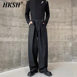 HKSH Men's Dark Trousers Baggy Casual Pants Spring Autumn New Pleated Double Waistband Niche Design Trend Korean Straight HK0013