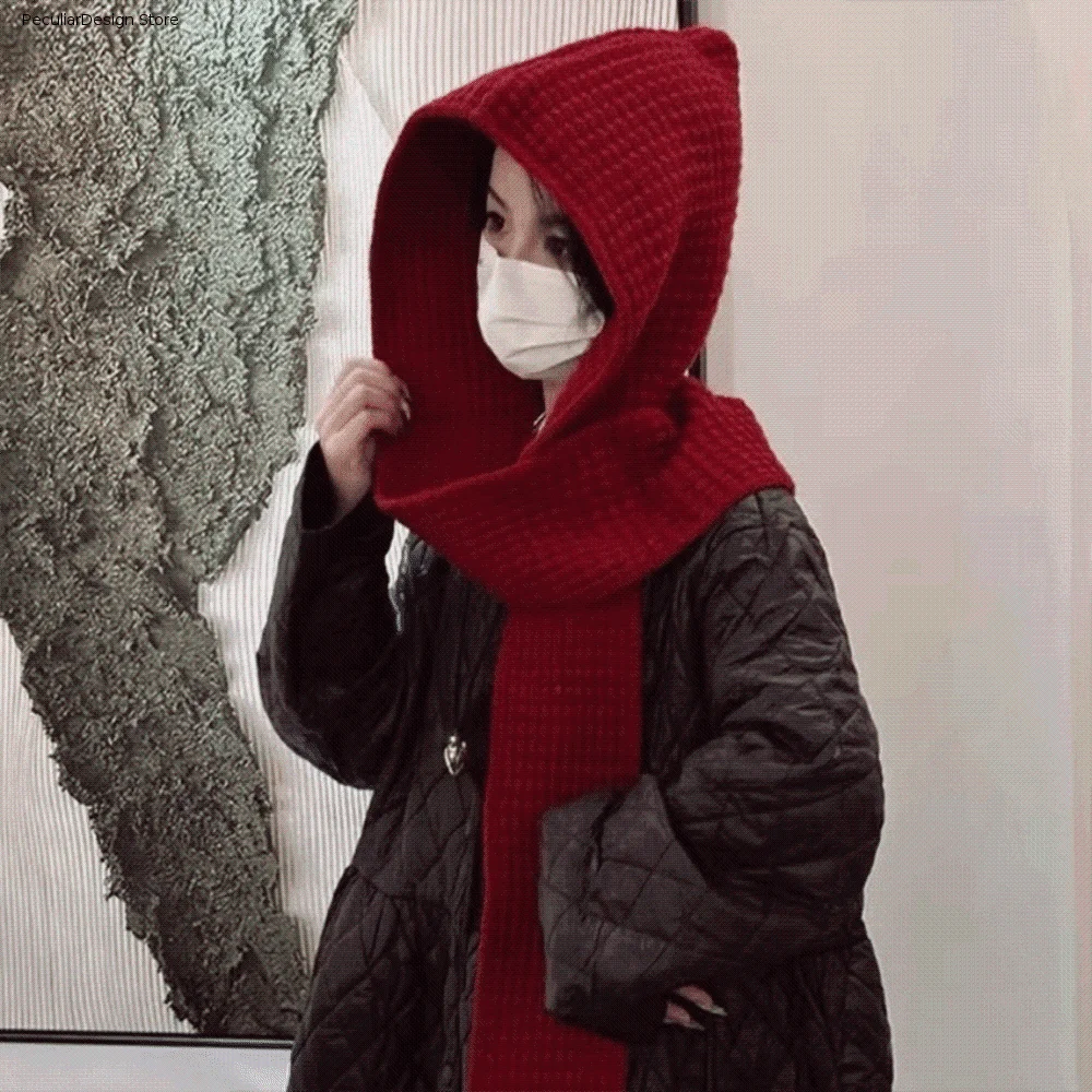 Acrylic Fibres Knitted Hooded Caps Ear Protection Embossing Neck Collar Beanies Caps Thickened Soft Winter Neckerchief Hat Women