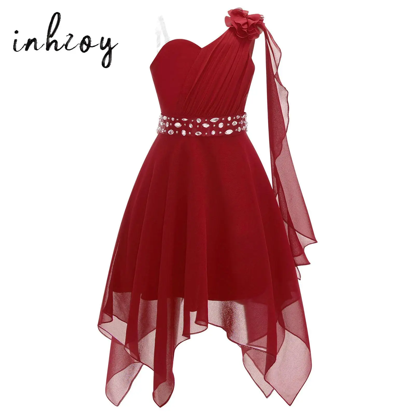 Junior Bridesmaids Little Girls Elegant One Shoulder Chiffon Summer Flowers Girls Dresses 3D Applique Wedding Formal Prom Gowns