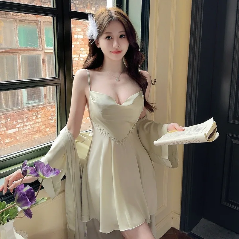 

Women's New Spring and Summer Sexy with Corset Pads Halter Nightgown Robe Set Lace Sexy Ice Silk Pajamas Thin Home Wear Dresses