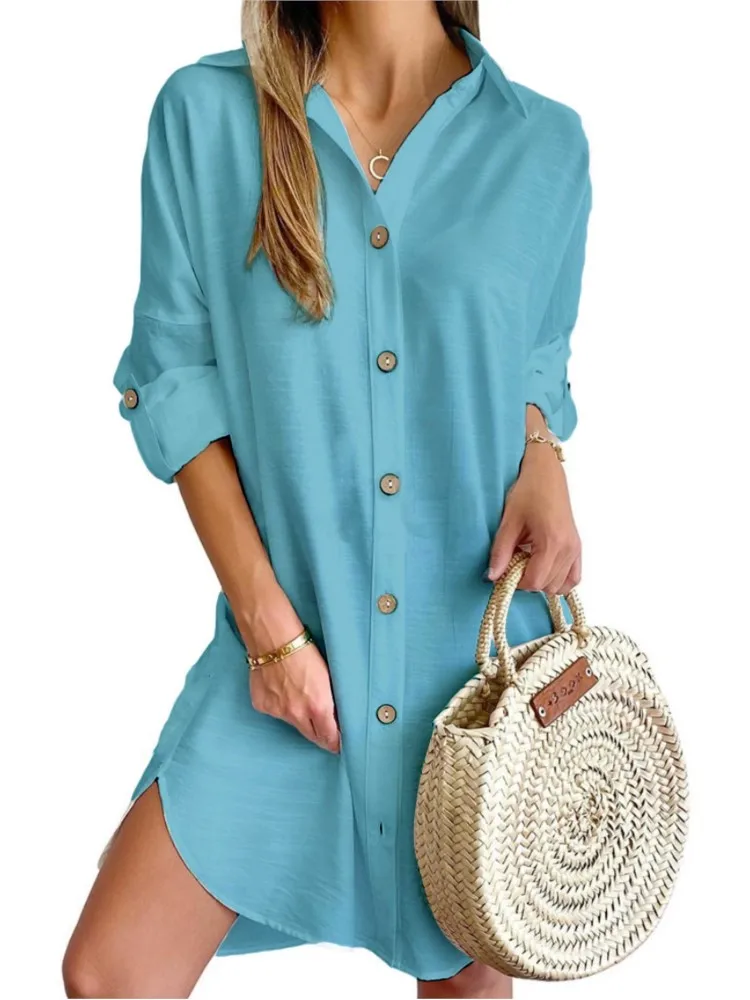 Spring Autumn Fashion Women's V-Neck Shirt Mini Dress 2024 Casual Long Sleeve Button Loose Dresses Beach Party Dress