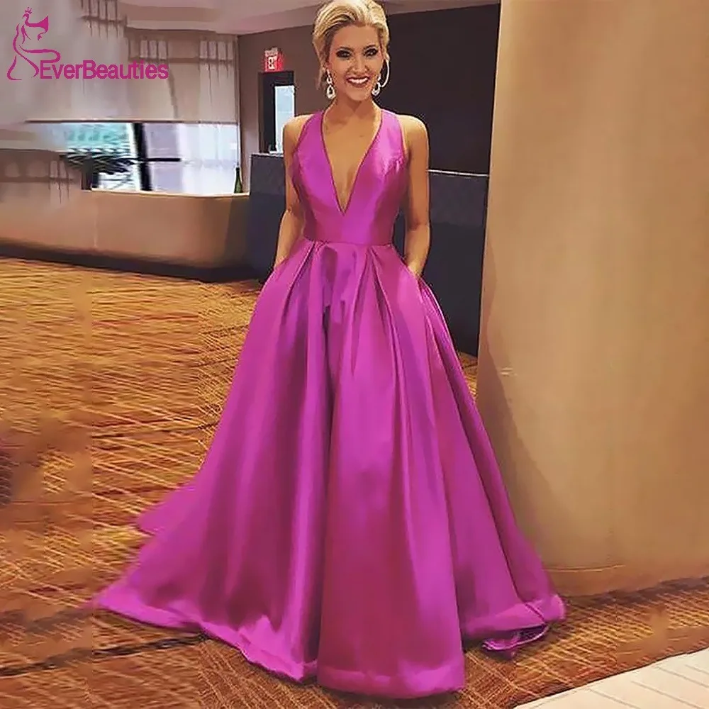 

Vestidos De Gala Prom Dresses Long with Pockets Satin V Neck Party Dresses for Women A Line Vestidos Para Eventos Especiale