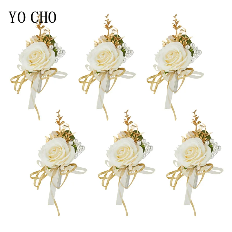 Boutonnières en Rose ivoire blanc, 6 pièces, pour marié et meilleur homme, avec fleur artificielle pour cérémonie de mariage