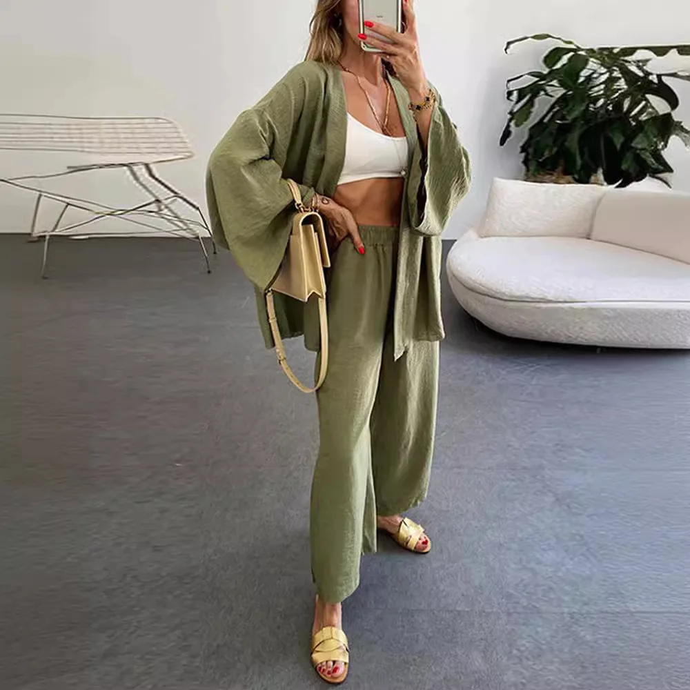 New Summer Cotton And Linen Suit Cardigan Loose Top Long-sleeved Casual Elastic Waist Bag Wide-leg Pants Two-piece Set