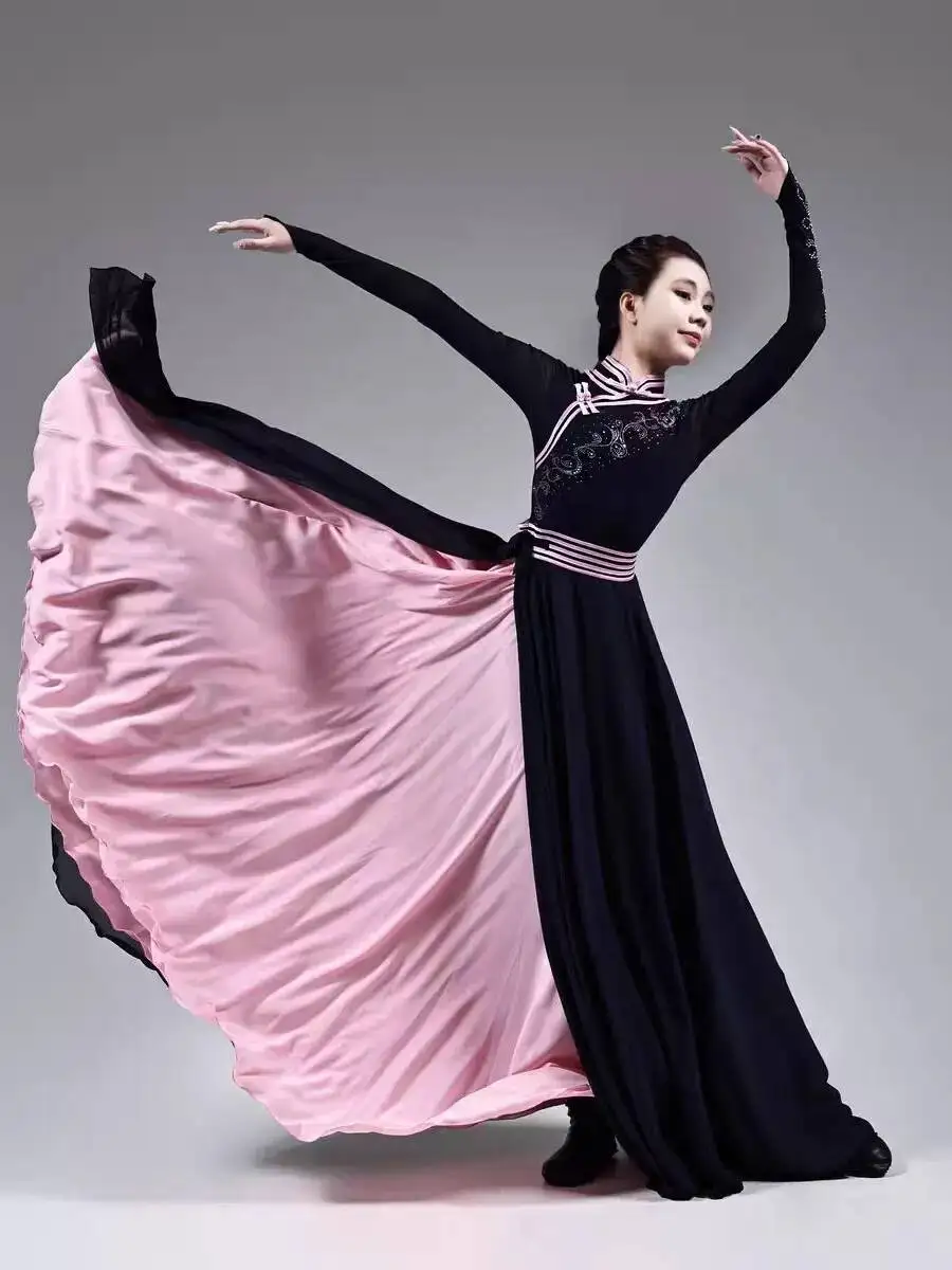Womens Mongolian Dance Costume Black Pink Double Layer Robe for Exam Training Stage Competition Double Layer Flared Skirt Robe