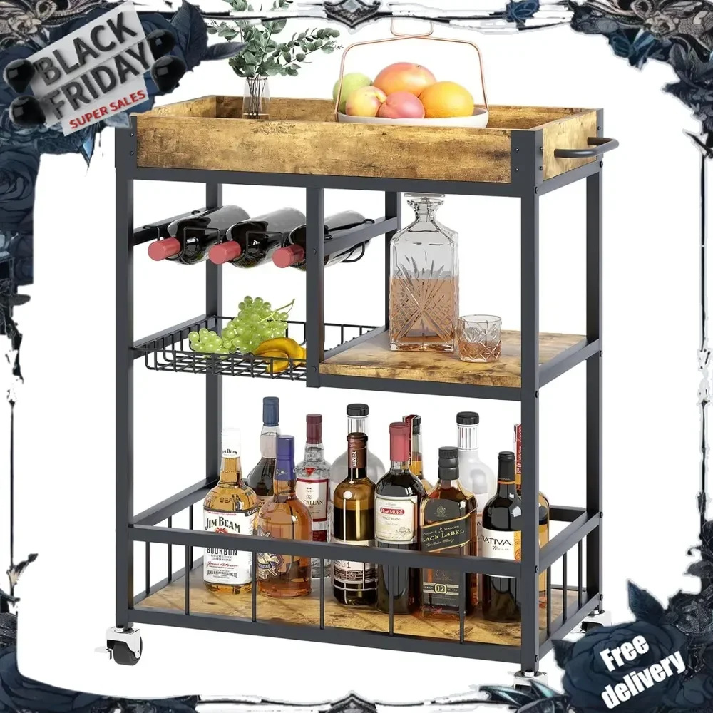 Bar Cart with Basket 3 Tiers Home Rolling Wine Rack with Wheels Mobile Kitchen Industrial Vintage Style Wood Metal Serving