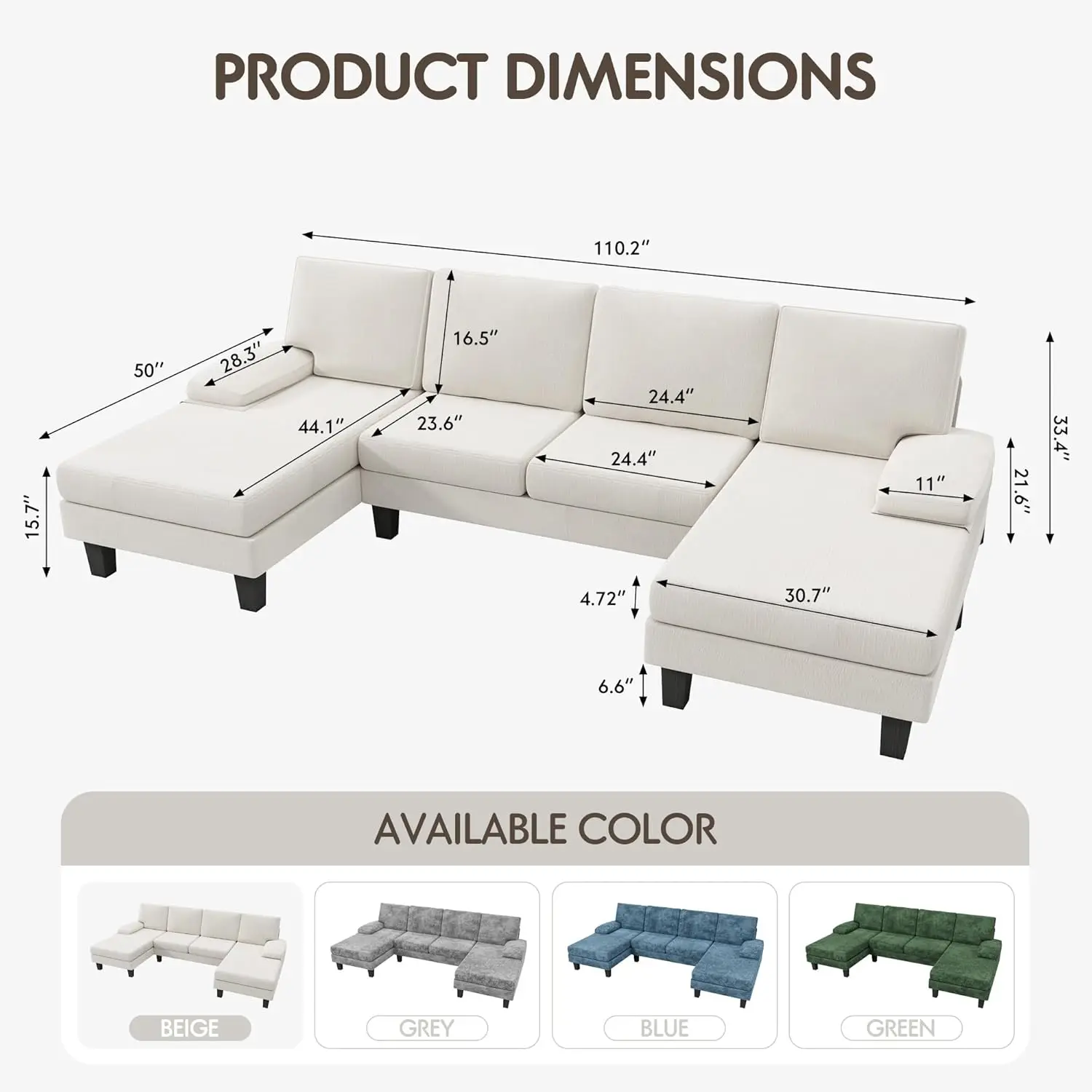 Convertible Sectional Sofa U-Shaped Couch with Soft Modern Cotton Chenille Fabric for Living Room, Seats with