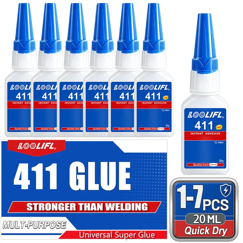 1-7 Pieces of Loolifl411 Instant Adhesive Super Glue 20g, Multi-Purpose Cyanoacrylate Quick-Drying Glue, Universal Strong Glue Suitable for Metal, Plastic, Rubber, Ceramics, Glass, Wood, Leather, Jewelry, Shoe Repair, Heavy-Duty Industrial Strength Instant Glue, Waterproof Transparent Glue for DIY Crafts, Home Maintenance, and Fixing Tools