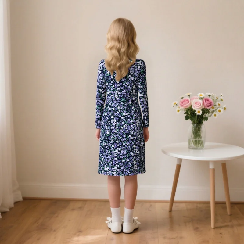 Girls Long Sleeve Floral Print Bodycon Dress Vintage Casual Elegant Daily Party Outfit for Kids