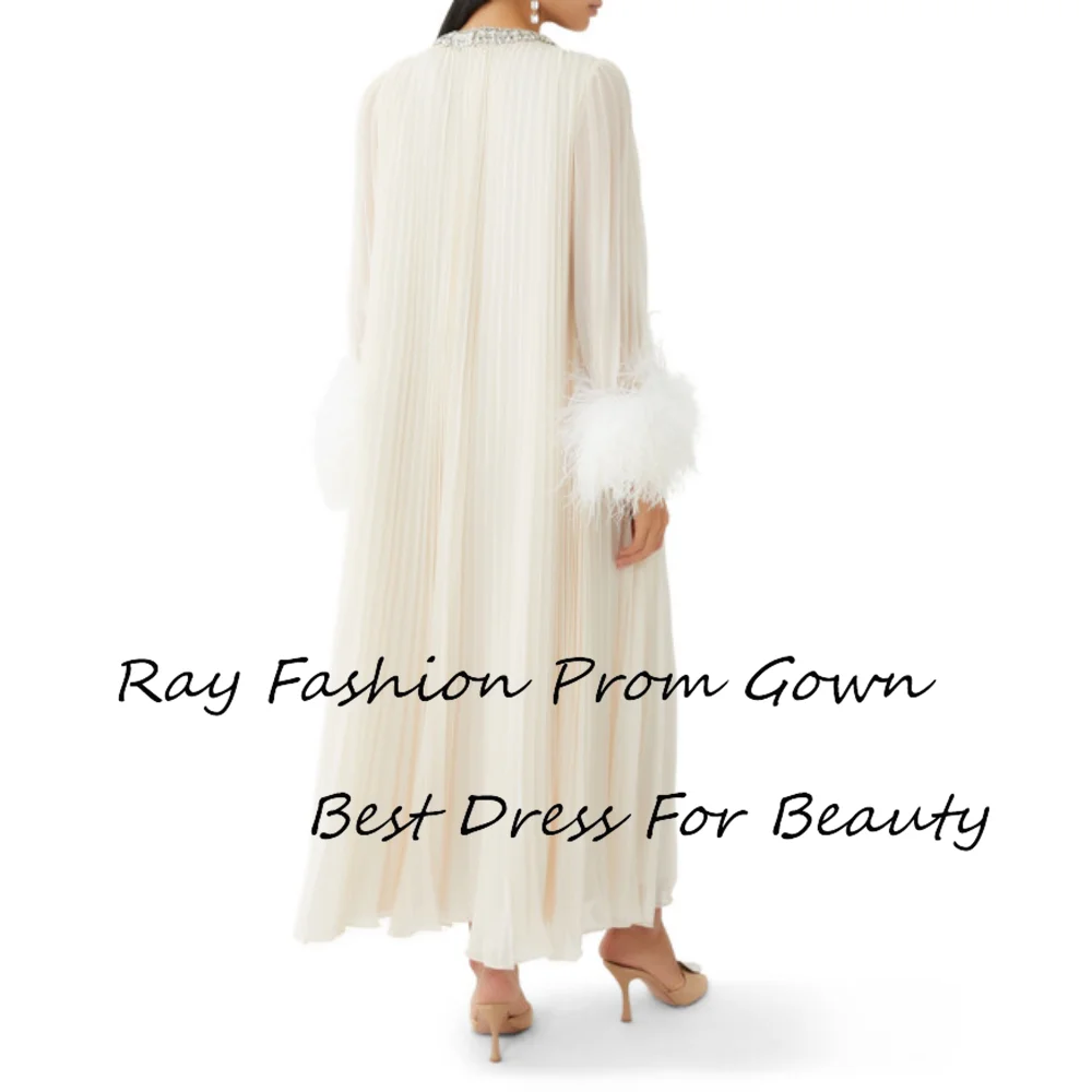 Ray Fashion A Line Evening Dress O Neck With Long Sleeves Tiered Crystal For Women Formal Occasion فساتين سهرة Saudi Arabia