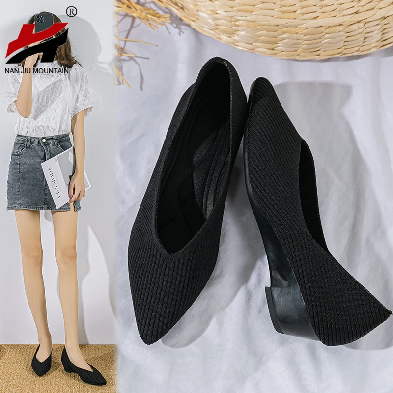 Knitting Single Shoes Simple Solid Color Women Small Wedge Shoes Pointed Toe Soft Sole Spring And Autumn Casual Shoes