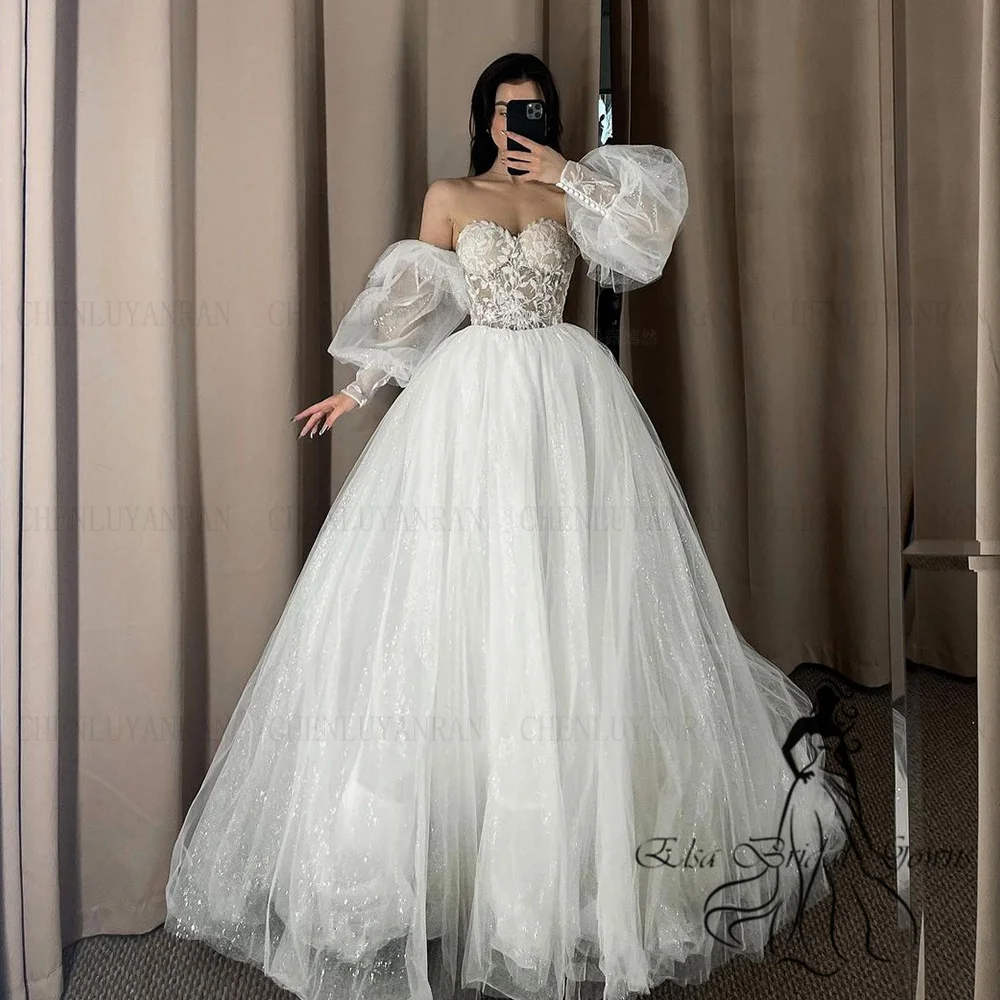 Sparkle Tulle Wedding Dresses Sweetheart Applique Sexy Bride Dresses Puff Sleeves Long Dresses For Women 2025 Robe De Mariée