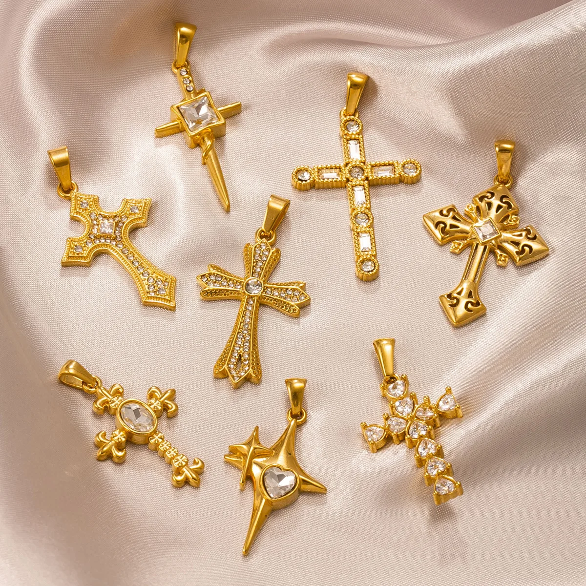 1pc Cross Pendant Inlaid Artificial Zircon Copper Gold Plated Crucifix Handmade DIY Jewelry Making