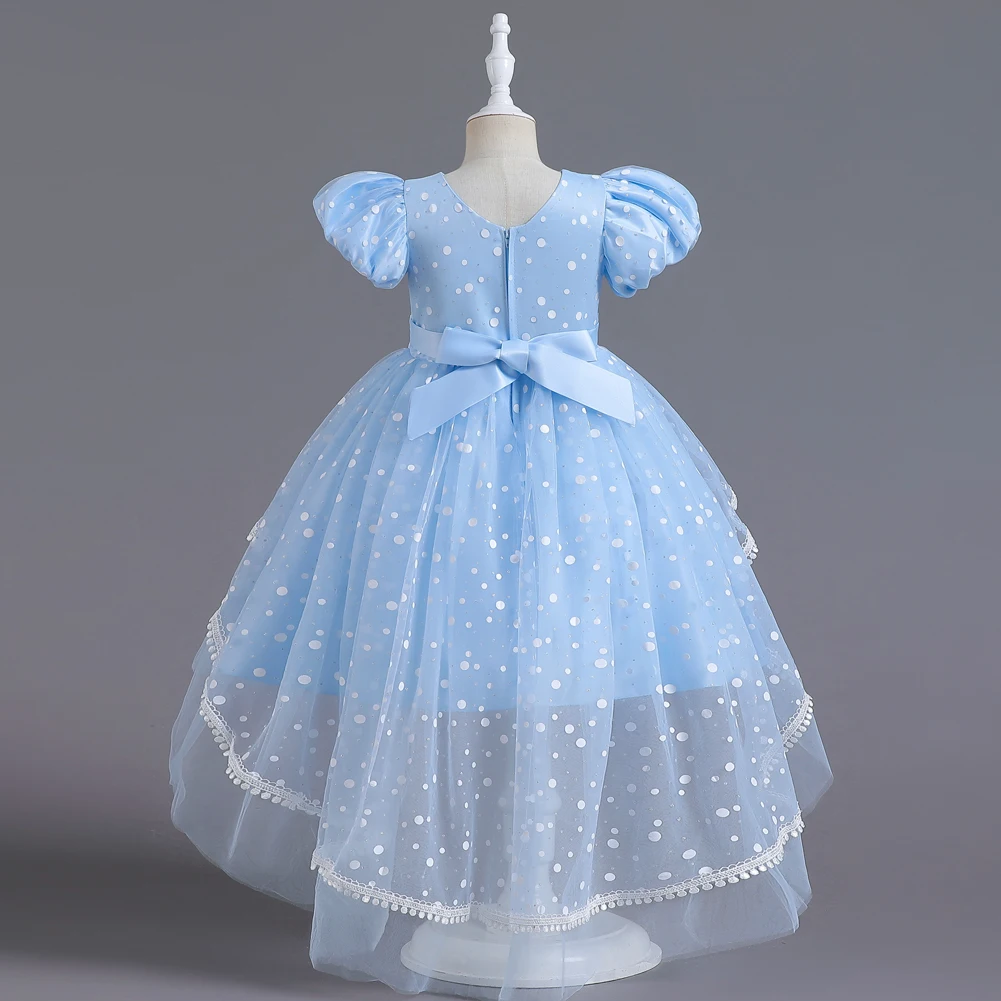 Blue Polka-Dot Kids Princess Dress For Girls Ages 3 to 8 Year Bubble Sleeve Party Dress Elegant Party Princess Train Kids Dress