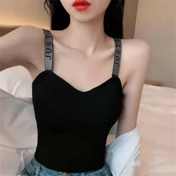 Women's V Neck Cropped Vest Beautiful Back Rhinestones Sling Camis Underwear Knit Sleevelesss Corset Tank Tops Female Clothing