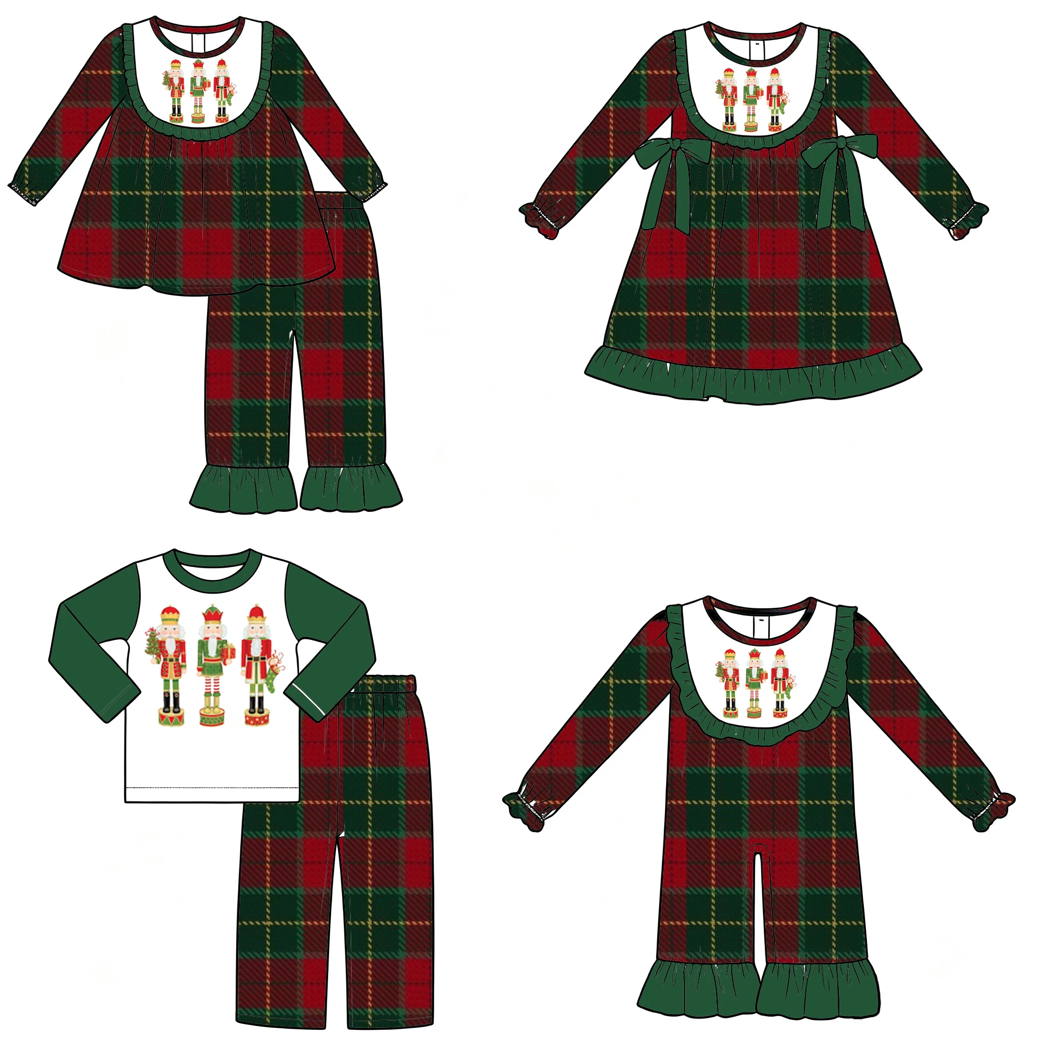 Christmas Boutique Kids Sets and Dress Lapel Ruffle Long-sleeve Top and Long Trousers Bow Decoration Green and Red Plaid Print
