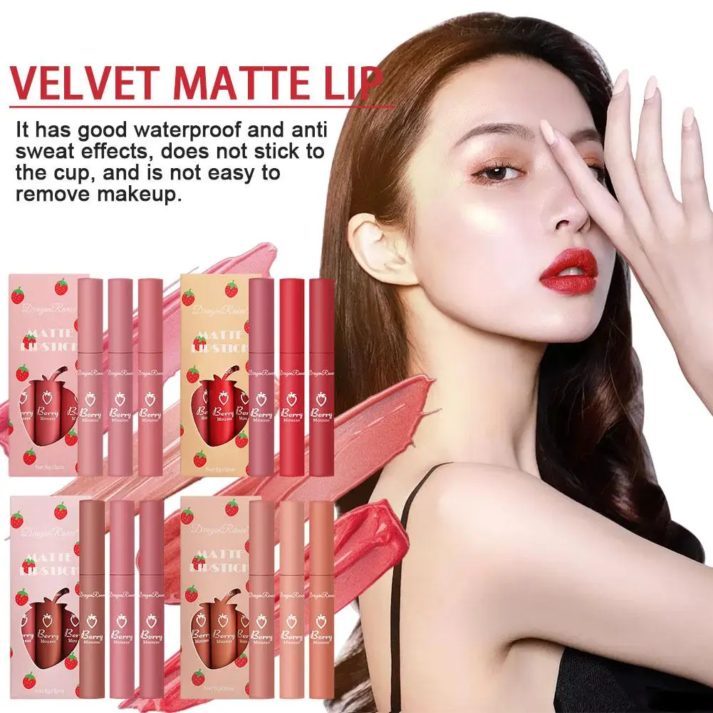 New Velvet Matte Lipstick Waterproof Long Lasting Non Stick Cup Strawberry Beauty Lip Gloss For Women Makeup Moisturize Cos P4C4