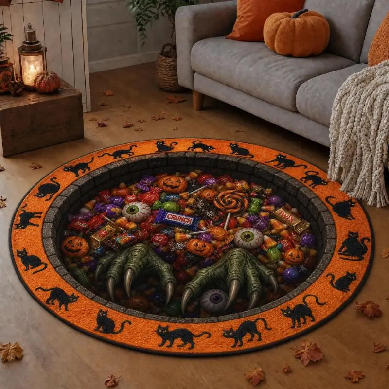 VIKAMA Halloween Round Rug Lava Abyss 3D Hole Halloween Area Rug Living Room Holiday Home Decor Aesthetic Art Premium Cute