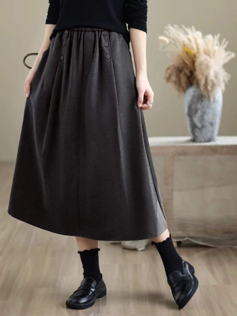 

2025 Autumn/Winter Vintage Woolen Loose Skirt Elastic Waist Mid Length A-Line Skirt For Women w1068