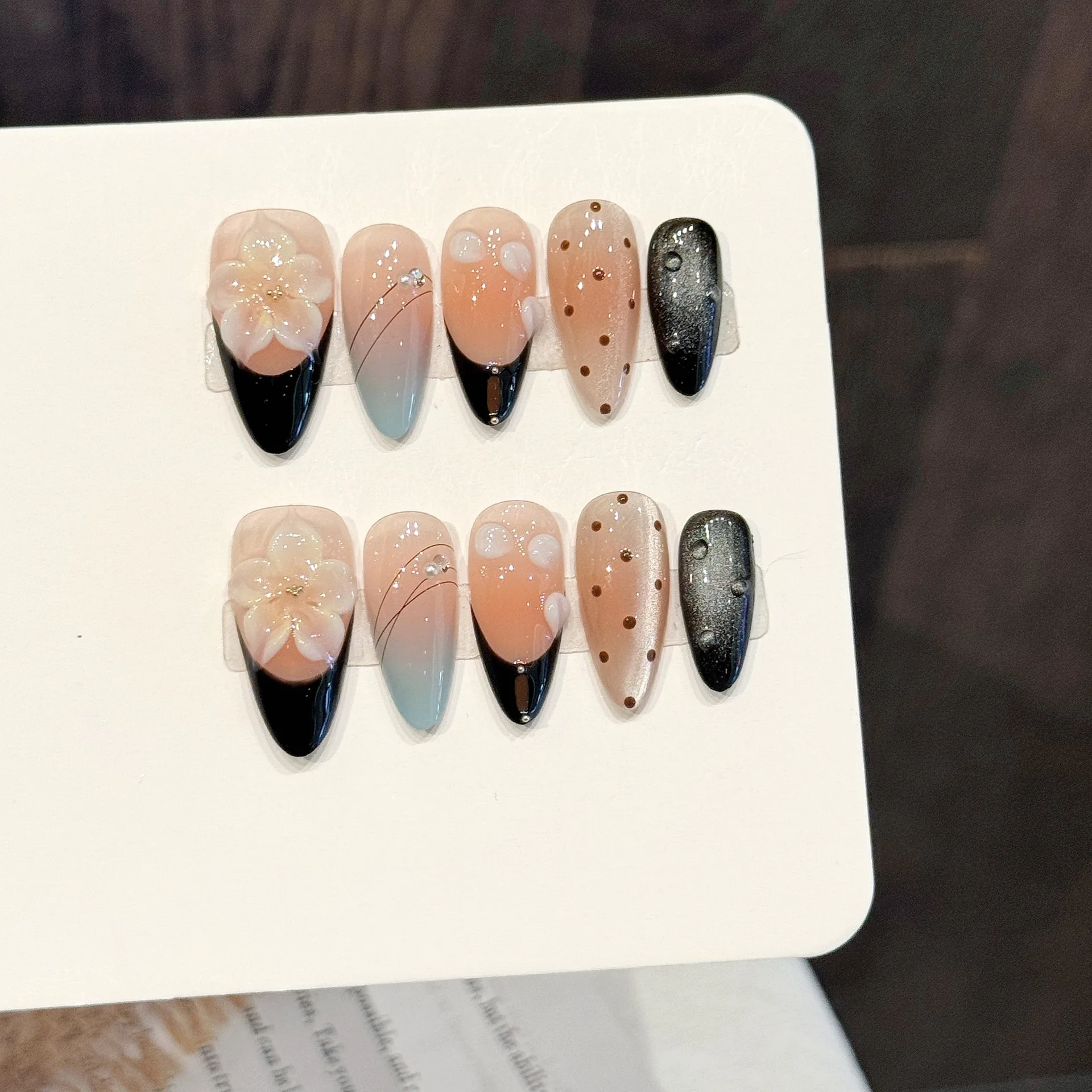 

10 PCS Luxury Handmade Press on Nails Middle Almond Pink-black contrast Design with 3-PIECE Tool Adhesive Nail Glue Tabs