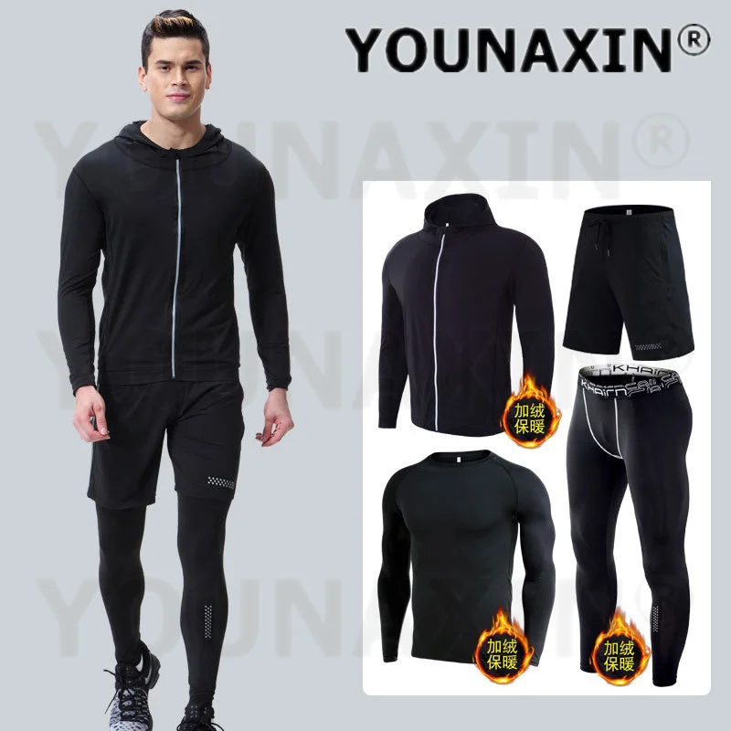 طقم ملابس لياقة بدنية للرجال مكون من 4 قطع، ملابس شتوية حرارية دافئة مرنة سريعة الجفاف، ملابس رياضية لكرة السلة والجري واليوجا #6