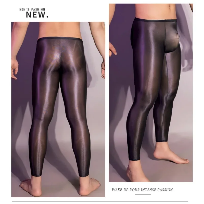 ملابس داخلية مثيرة للرجال لامعة بالزيت سراويل طويلة جونز ملابس داخلية مثيرة للرجال ملابس نوم للرجال ملابس داخلية شفافة من خلال شبكة المنزل #4