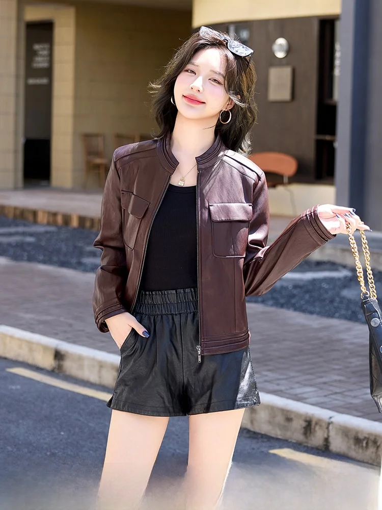 

Slimming Effect Leather Jaet Women's Faionable Spring Autumn Stand Collar eepskin Coat Large Size Commute Sle Zipper