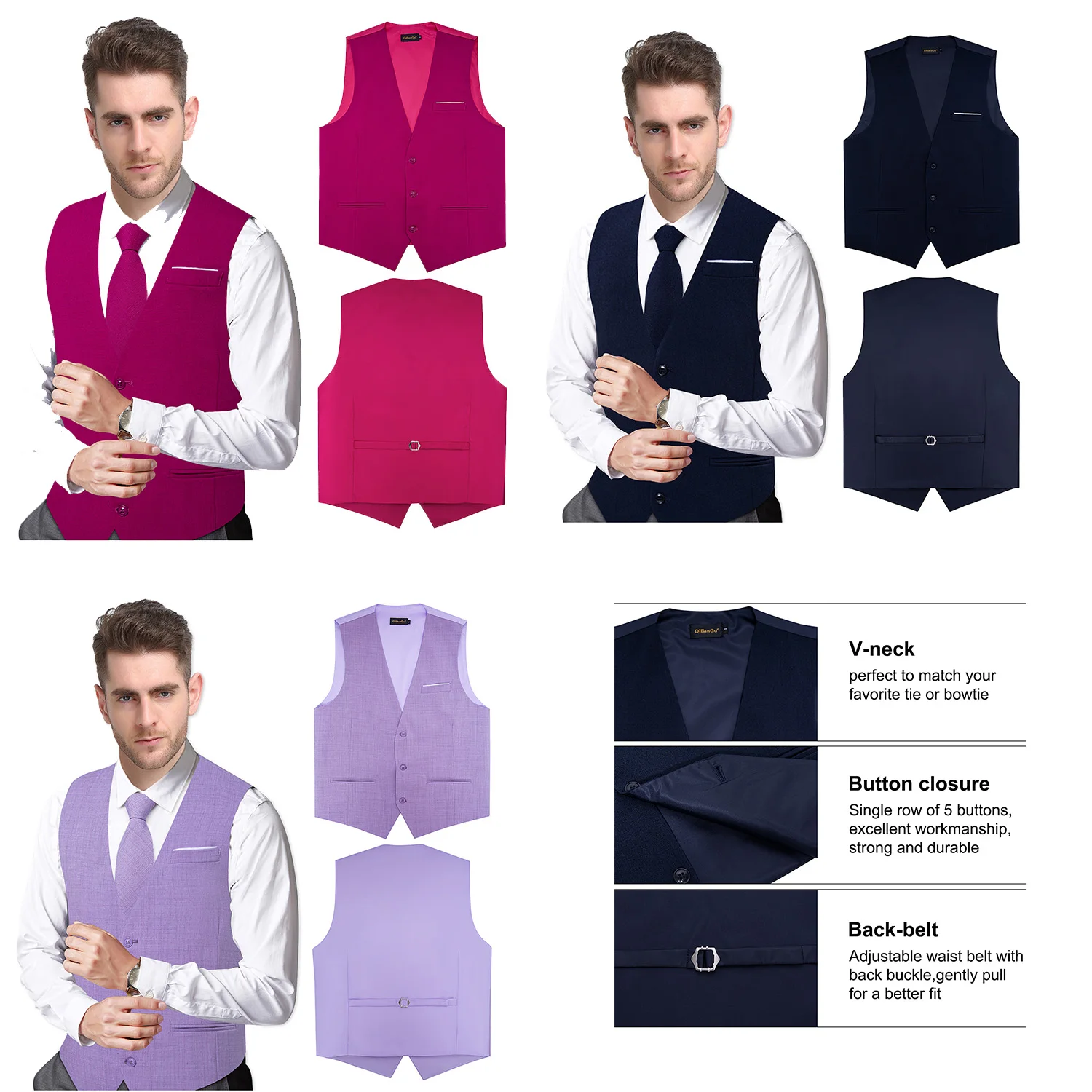 

Мужской однотонный жилет для официальных мероприятий – жилет с V-образным вырезом и регулируемым поясом, идеально подходит для свадеб и деловых повседневных мероприятий.
