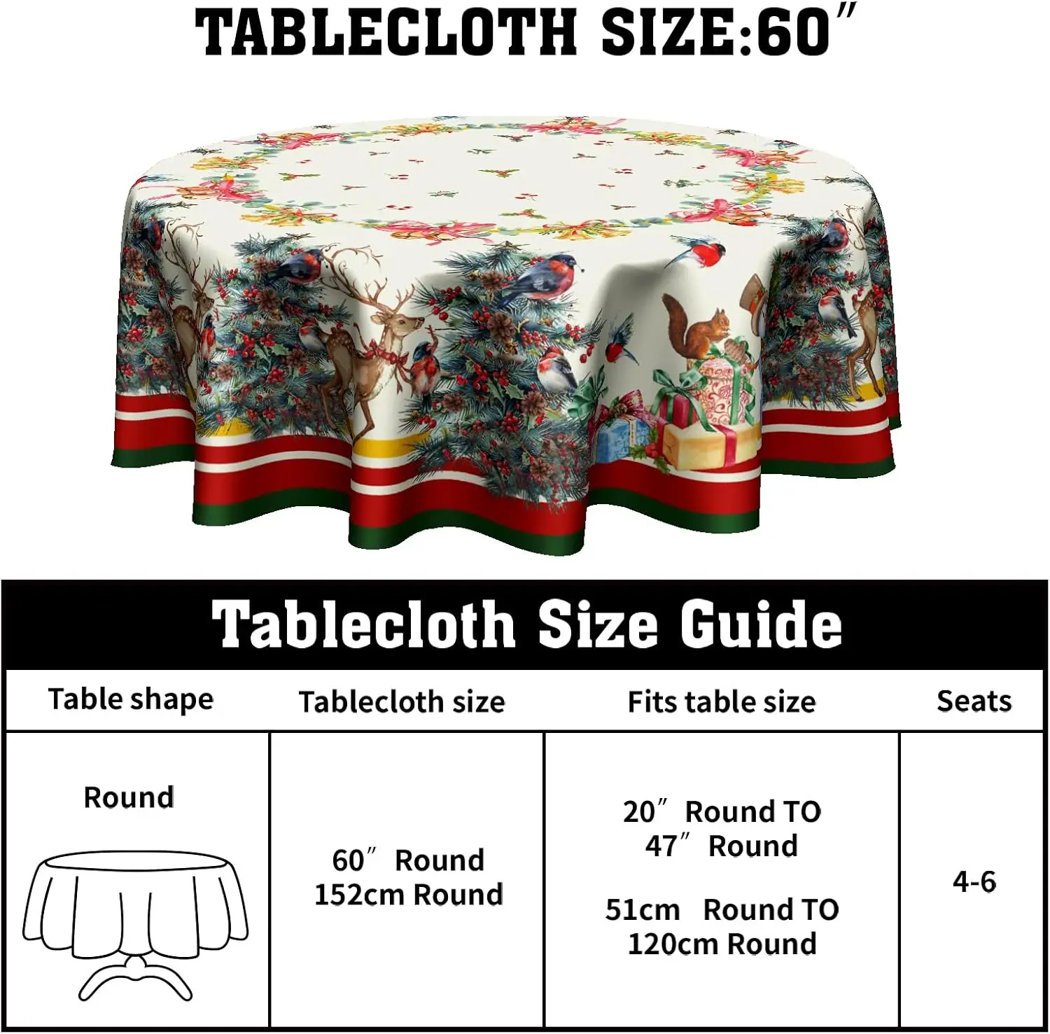 Christmas Tree Round Table Cloth - Xmas Reindeer Poinsettia Tablecloth 60 Inch Winter Birds Table Cloth Holly Berries Pine