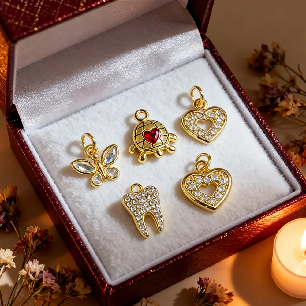 3Pcs Sparkling Pendant Brass Cubic Zircon Heart Butterfly Turtle Tooth Charm DIY Jewelry Necklace Bracelet Making Accessories
