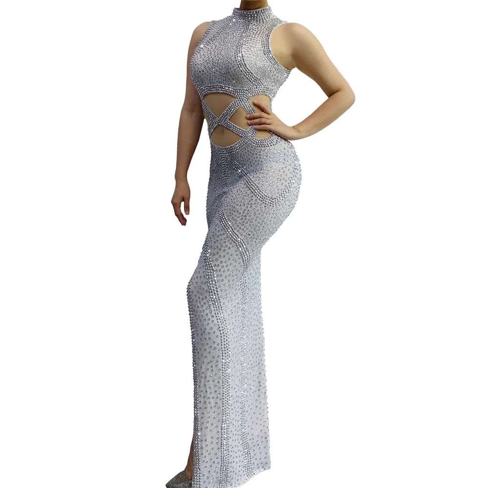 Nieuwe prestatiekostuum sexy zangeres bar nachtclub DJ podium sexy DS party GOGO prachtige vol diamanten lange jurk