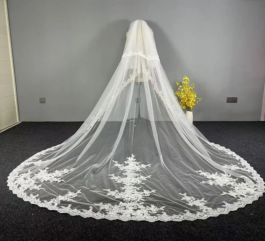 New Arrival White Ivory Cathedral wedding veils Lace Appliques Sexy Bride velos novia wedding accessories Two Layers Bridal Veil image 4