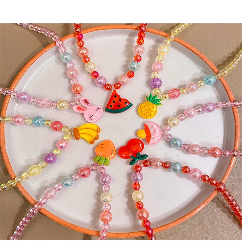 Children\'s Necklace Fruit Beaded Girl Bracelet Ring Cute Girl Ear Clip Baby Jewelry Set Princess Girls Fashion Accessories