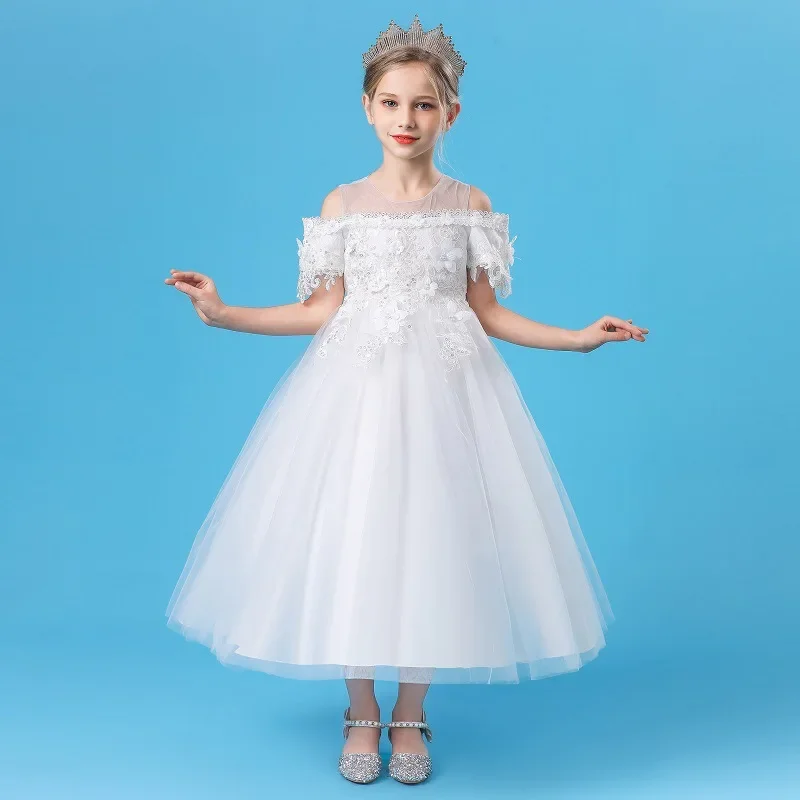 Vestido largo de encaje con hombros descubiertos para niños, vestido de boda de flores para niños, vestido de princesa de cumpleaños, nuevo