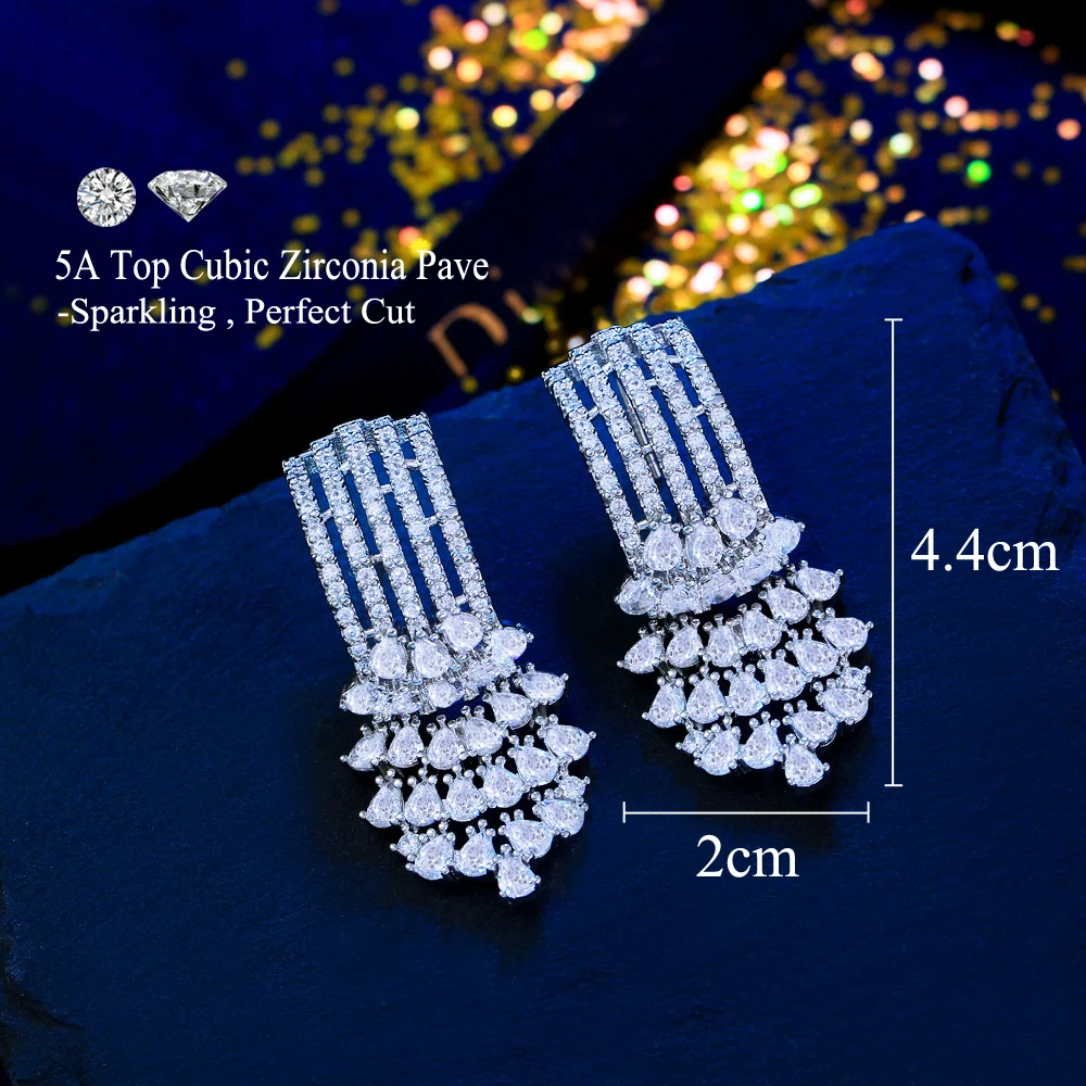 CWWZircons Sparkling Cluster Water Droplets Cubic Zirconia Long Drop Dangle Chandelier Bridal Wedding Earrings for Women CZ930