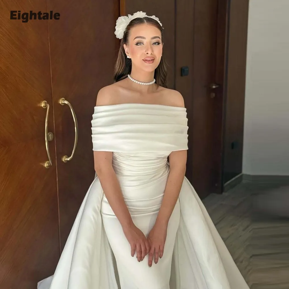 

Eightale Arabic Wedding Dresses Sctrapess Pleats Satin Customized Mermaid Bridal Gowns Court Train vestidos de novia