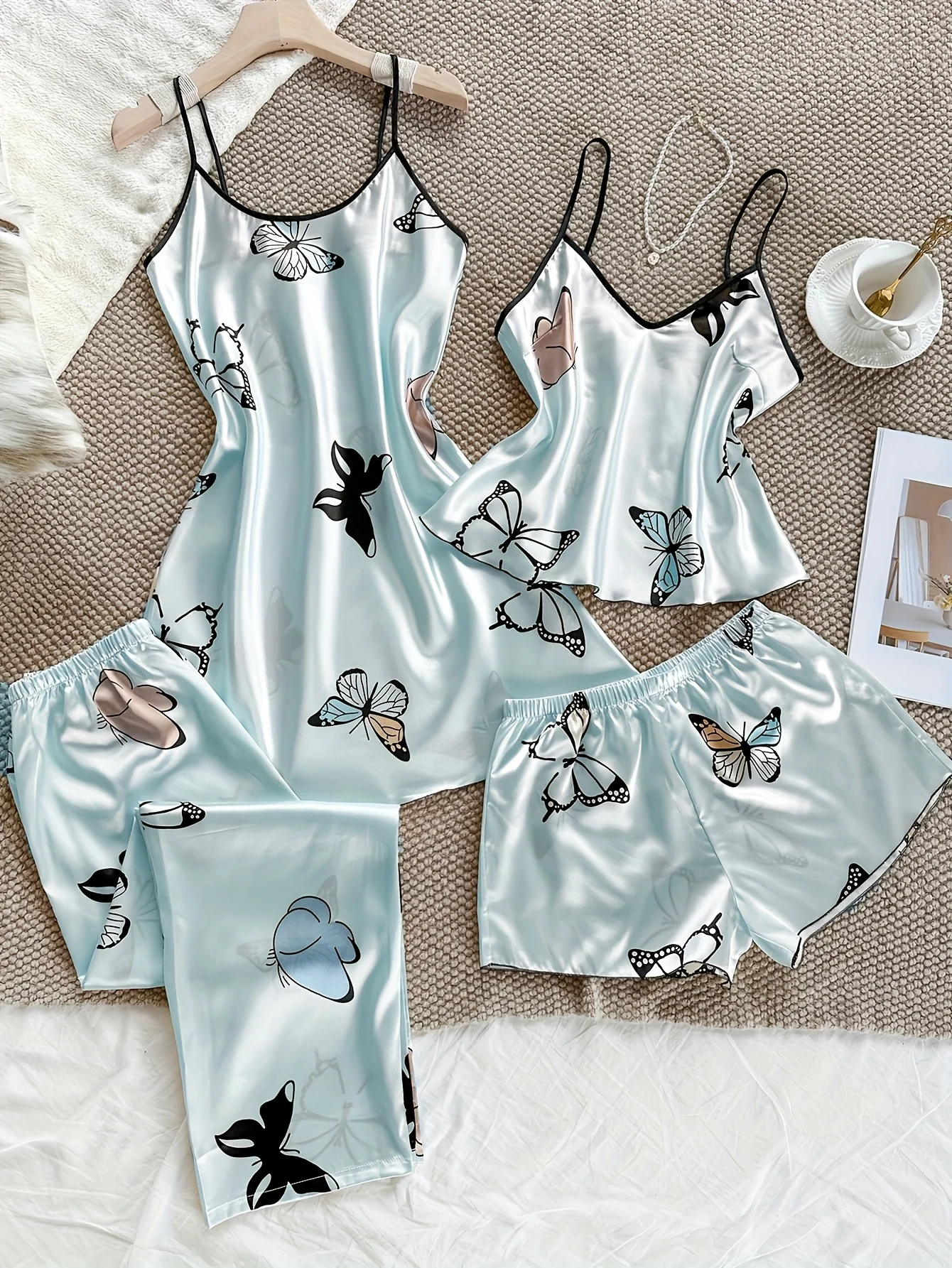 

Women's Pajama 4pcs Women'S Print Pajama Set - V-Neck Camisole Top & Shorts with Long Pants All-Season Casual Sleepwear, Light &