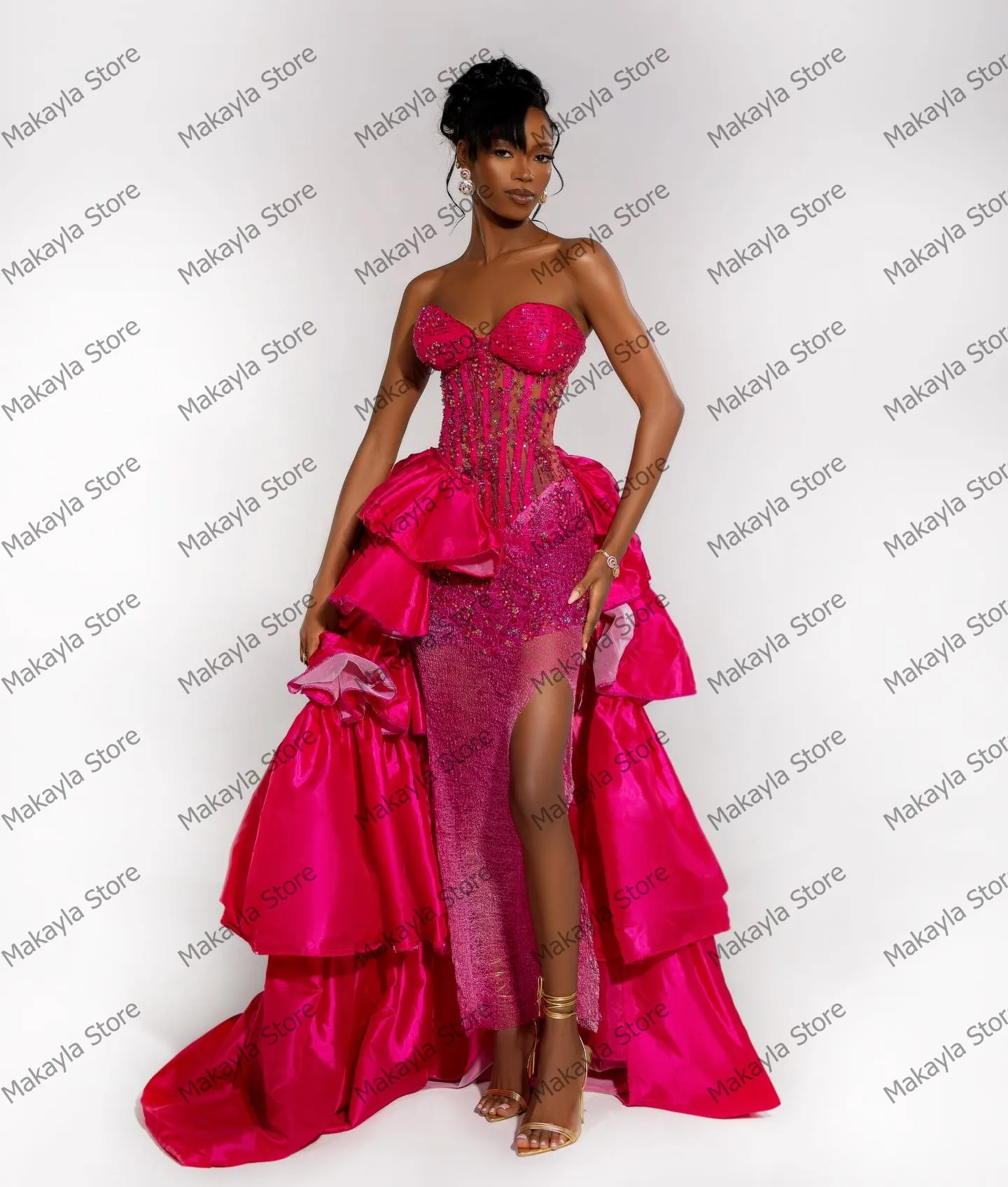 Pretty Beading Satin Prom Gowns Sexy Strapless Crystals Appliques Lace Evening Party Dress High Slit Tiered Satin Pageant Gowns