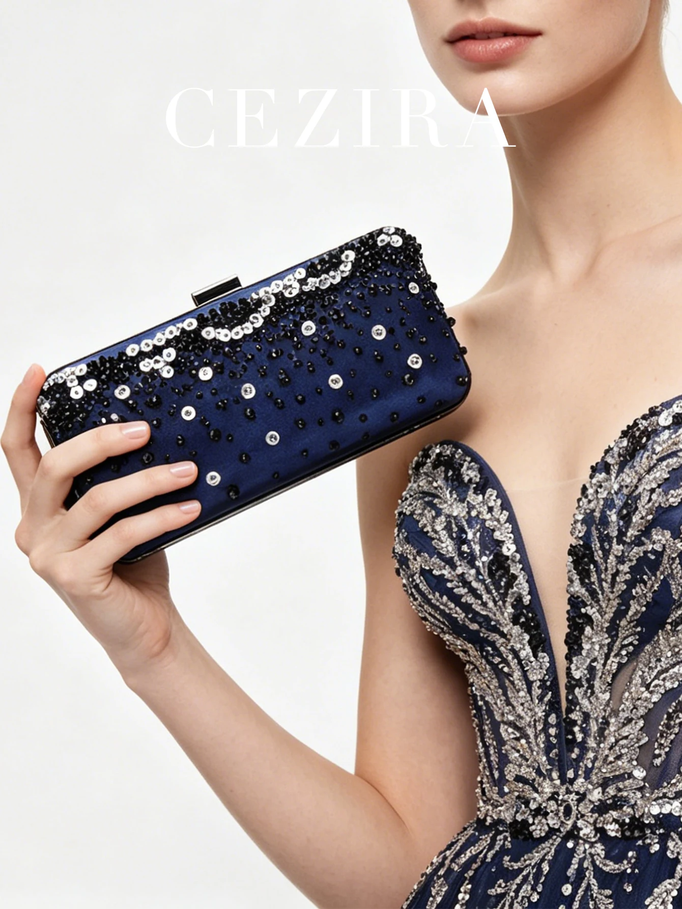 CR Women's Fashion Luxury Navy Satin Evening Bag with Sequin Decor & Metal Frame, Detachable Chain Strap, Perfect for Wedding
