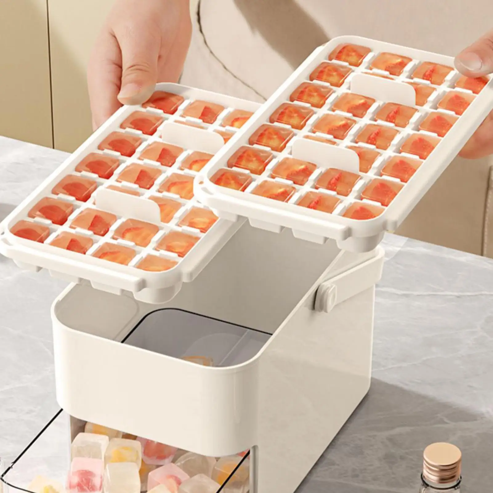 Ice Tray with Box 56-Cavity Reusable Double-Layer Press Lid Portable Ice Maker Stackable Storage Bin for Whiskey Cocktail Coffee