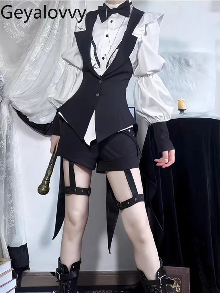 

2026 New Arrival Dark Gothic Style Swallowtail Vest and Stand Collar Puff Sleeve Long Shirt High Waist Leg Ring Shorts Suit