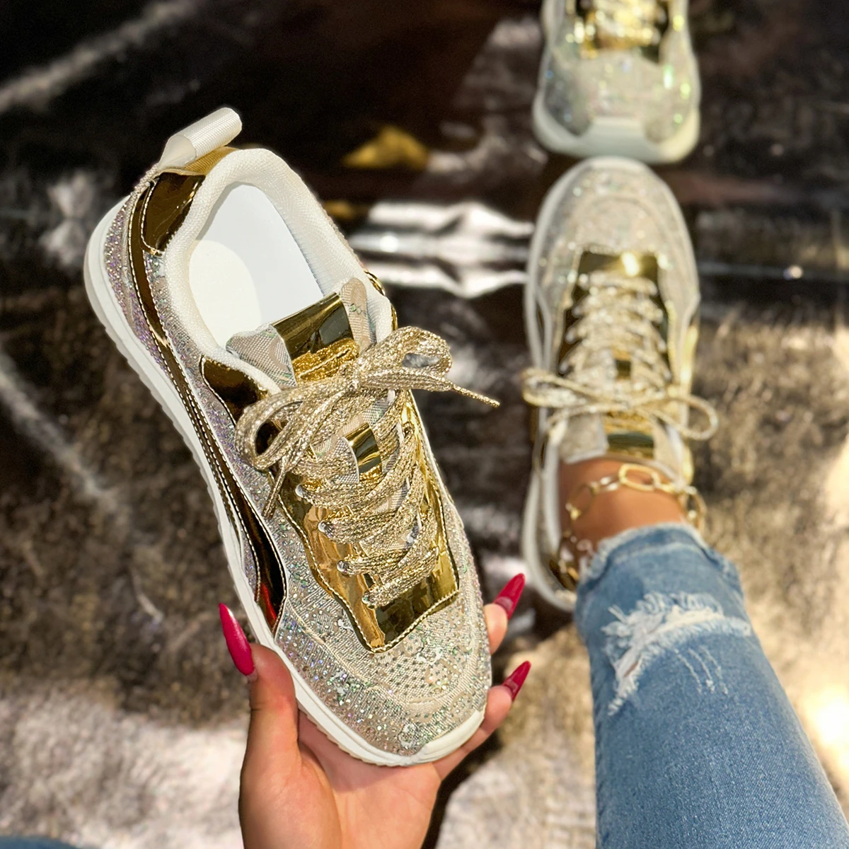 

2025 повседневная женская обувь со стразами, трендовые кроссовки с цветными блоками, весна-осень, новый стиль, удобные женские кроссовки на резиновой подошве