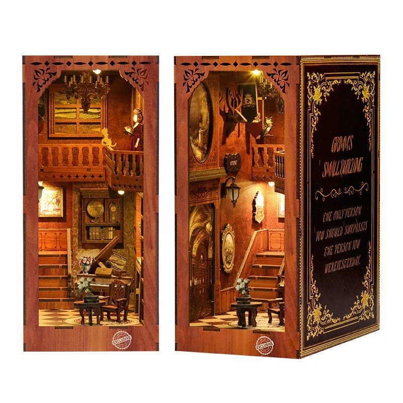 DIY Wooden Grimm's Small Cottage Book Nook Shelf Insert Kit Miniature Building Kits Bookshelf Bookends for Adults Birthday Gifts