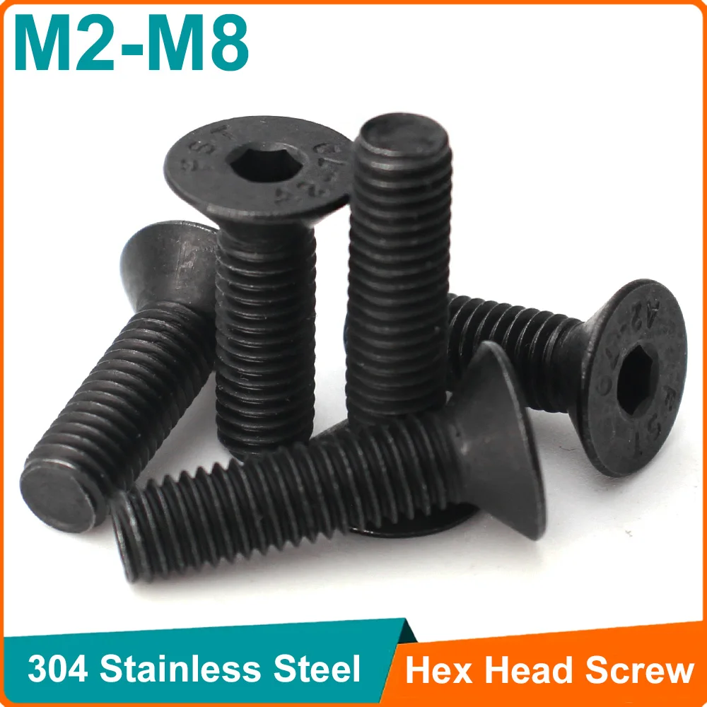 10-60Pcs Black 304 Stainless Steel M2 M2.5 M3 M4 M5 M6 M8 Hexagon Hex Socket Flat Countersunk Head Socket Bolts Screws