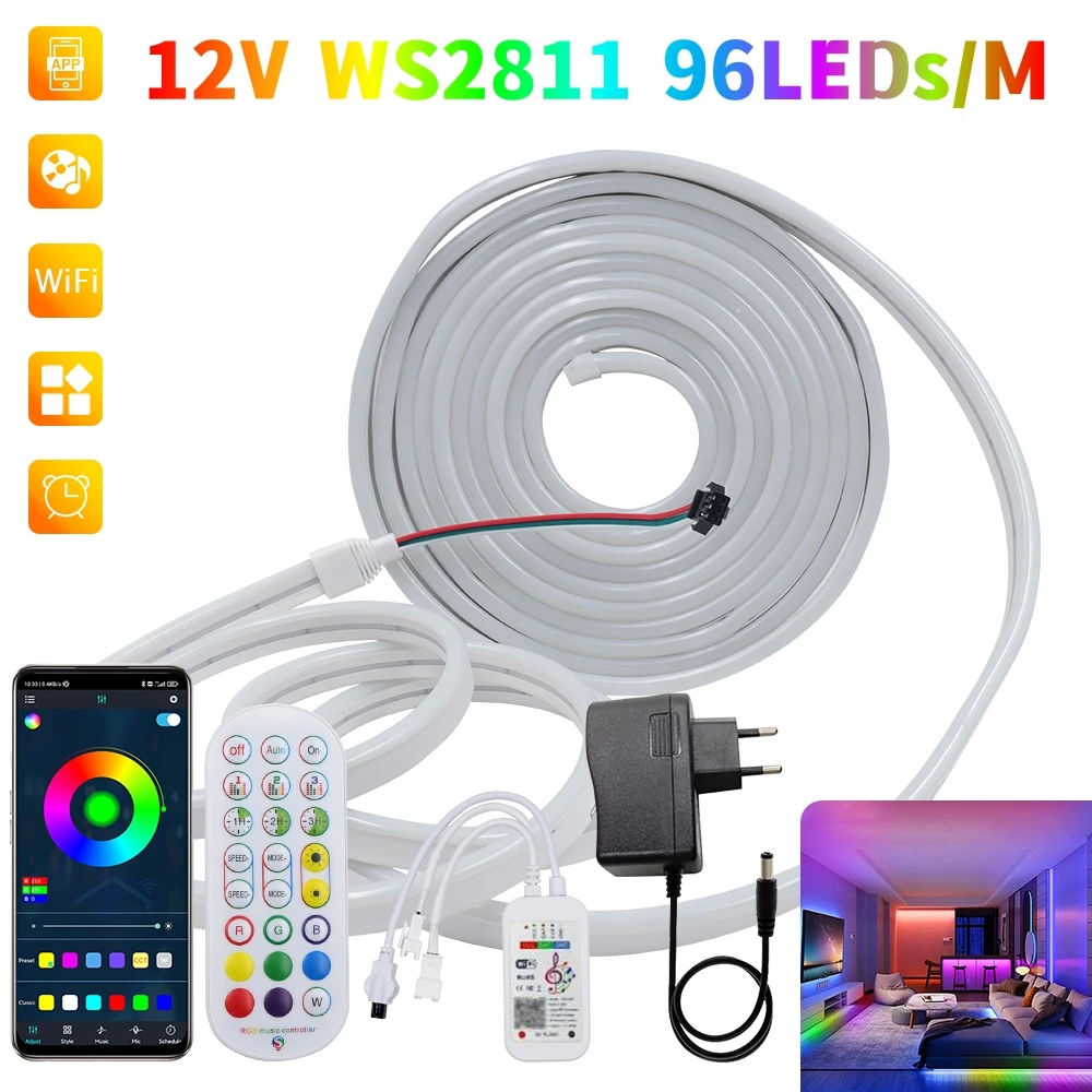 12V RGBIC Neon Rope Light WS2811 Dreamcolor LED Strip WIFI Bluetooth Remote 96LEDs/M Tuya Smart Chasing Tape Ribbon Addressable