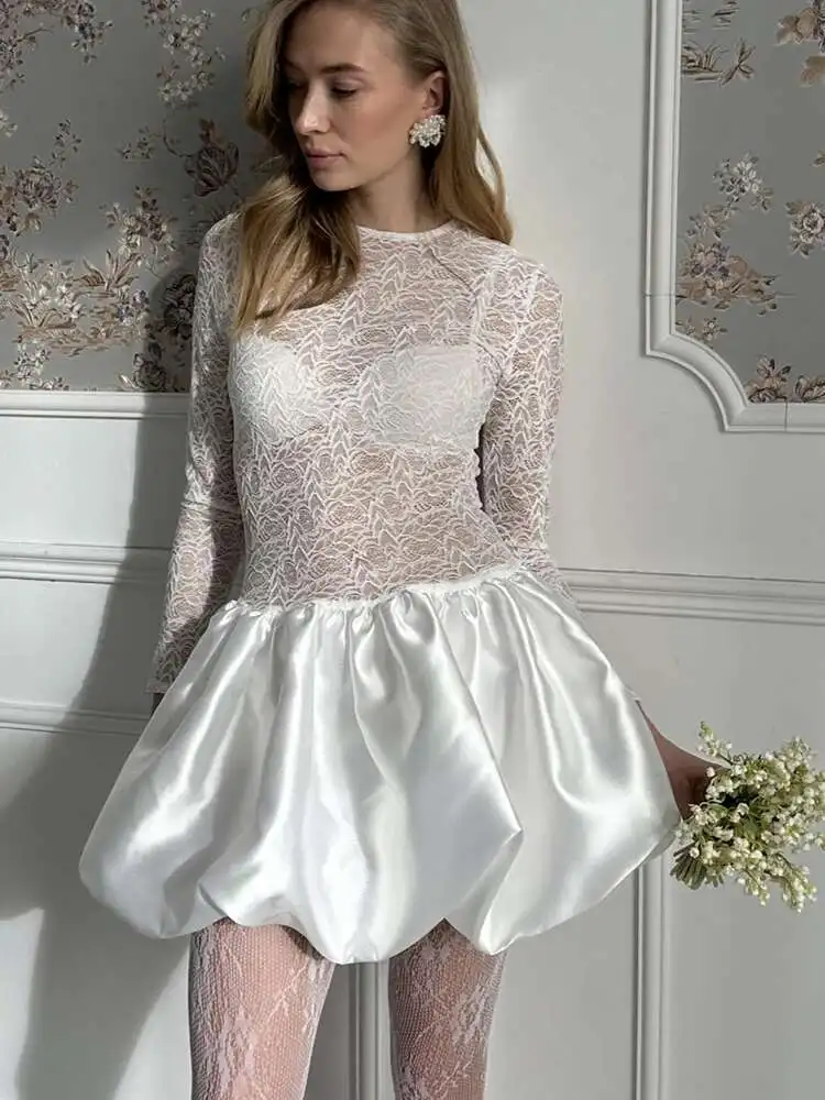 

Fantoye Patchwork Satin See Through Lace Women Dress White Long Sleeve Round Neck Dress Summer Skinny A-line Party Club Outfits