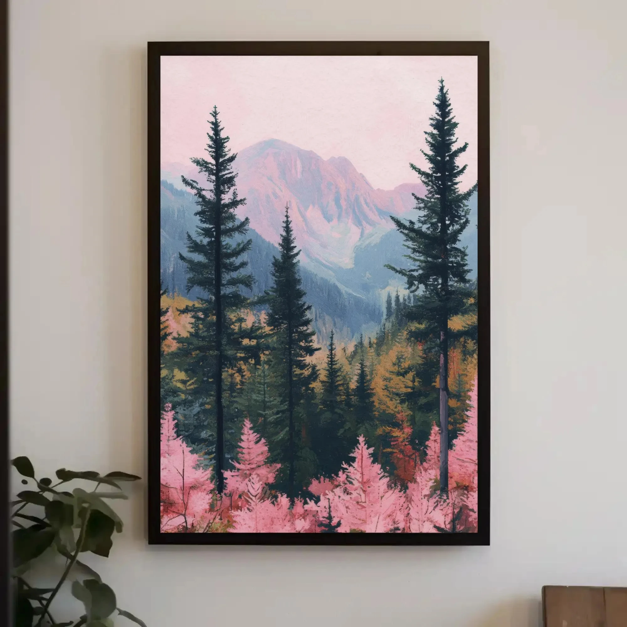 Pink Mountain Forest Art Print Large Size Minimalist Nordic Nature Landscape Poster Aesthetic Mountain Valley Wilderness Print