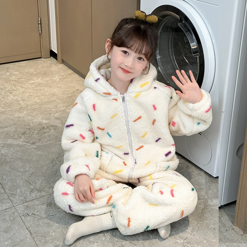 

Girls Home Wearing 2Pieces Of PJ Sets Sweetheart Hooded Top+Long Pants Autumn Warm Thick Velvet Pjs Kids Clothes Nightgown