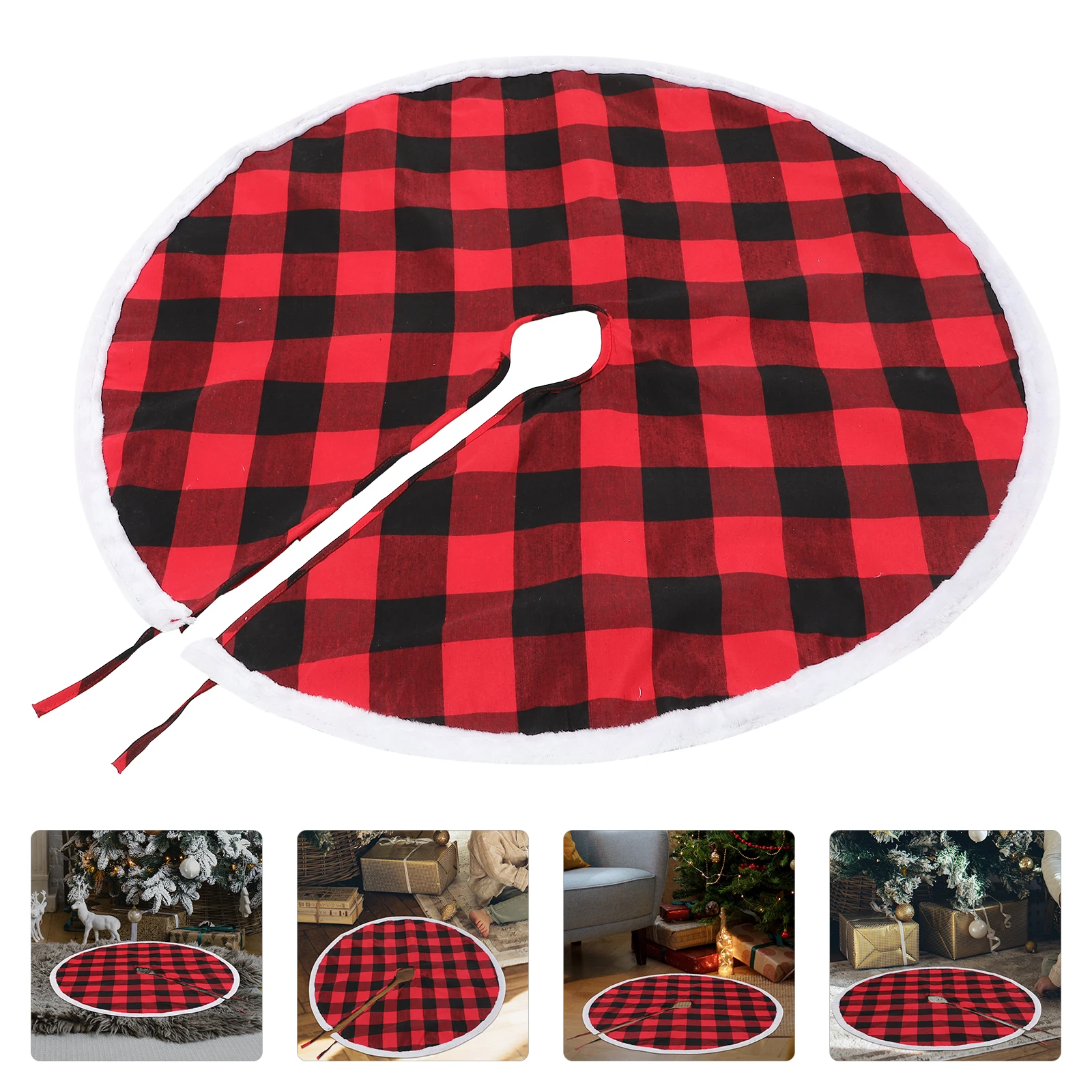 

Vintage Red Black Plaid Christmas Skirt Rustic Thick Reusable Decorative Mat Felt Tree Dress Holiday Party Family